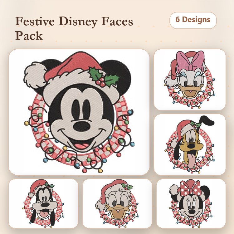 Festive Disney Characters Embroidery Designs Bundle – Mickey Mouse, Minnie Mouse, Goofy & More (6 Designs)
