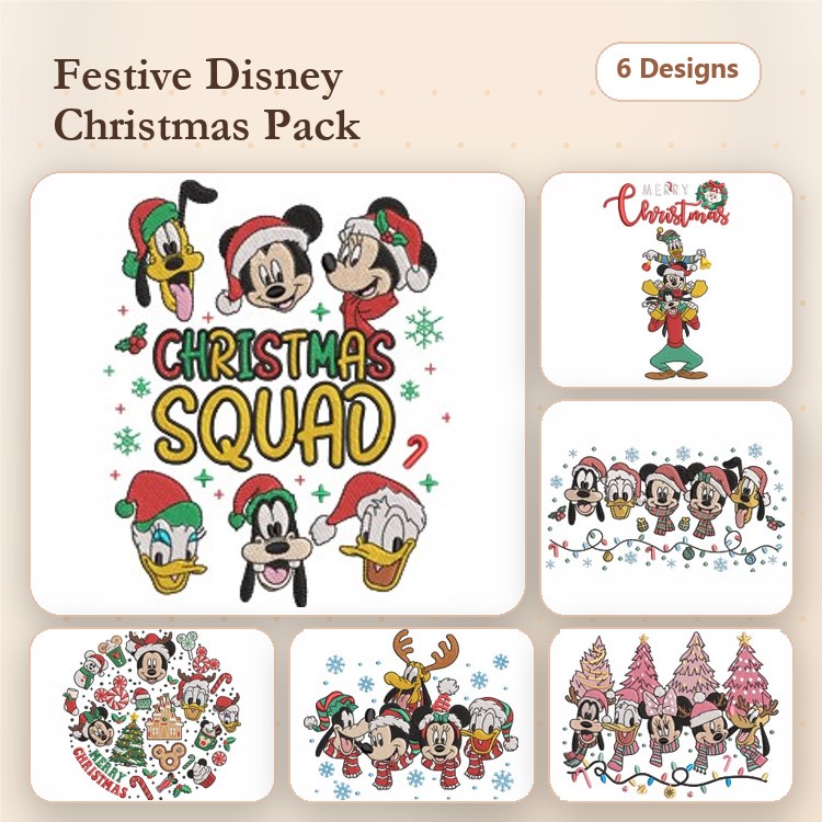 Disney Christmas Characters Embroidery Bundle – Mickey Mouse, Minnie Mouse, Donald Duck & More (6 Designs)