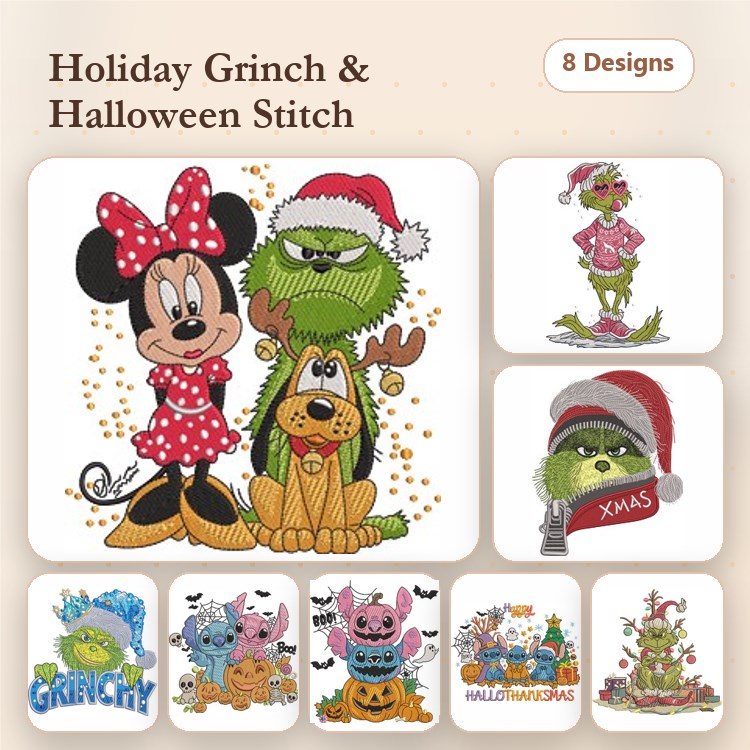 Holiday Characters Embroidery Designs Bundle – Grinch, Minnie Mouse, Halloween Pumpkin & More (8 Designs)