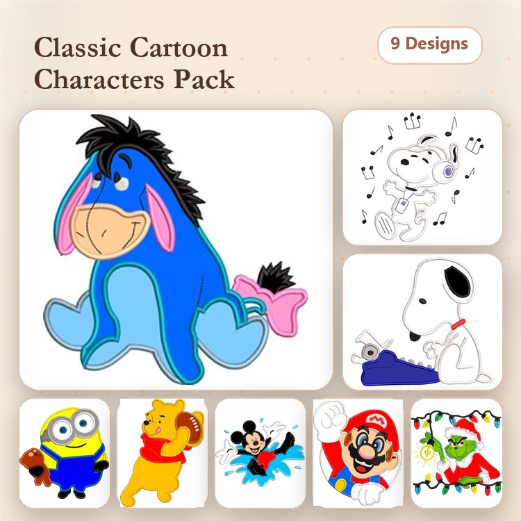 Eeyore, Goofy & Snoopy Embroidery Bundle – Character Designs (10 Designs)