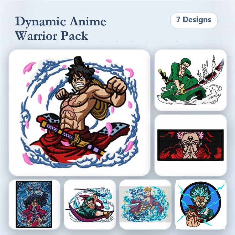 Anime Warriors Embroidery Bundle – Warrior with Sword, Ninja with Knife, Hero with Energy Waves & More (7 Designs)