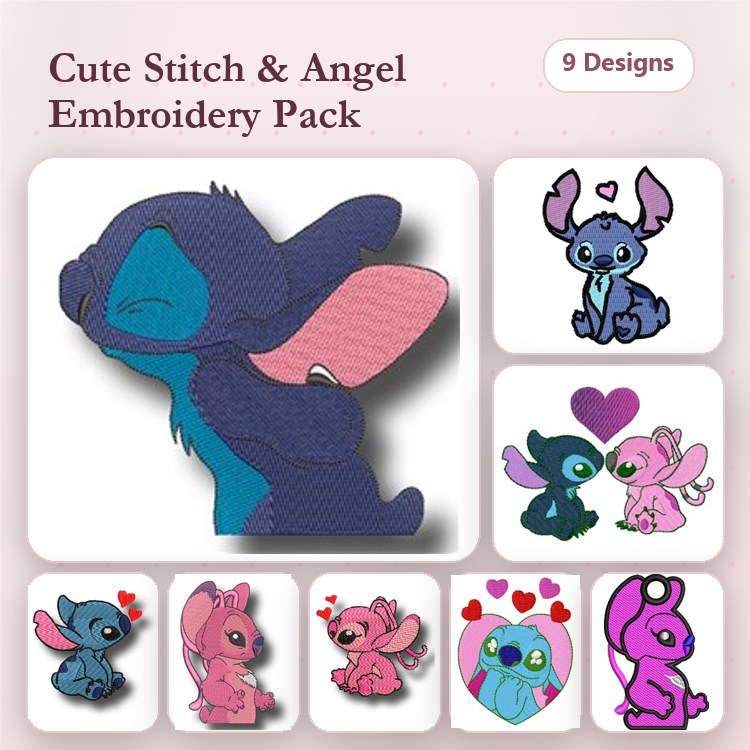 Cute Characters Embroidery Bundle – Stitch & Angel with Hearts, Together & More (9 Designs)