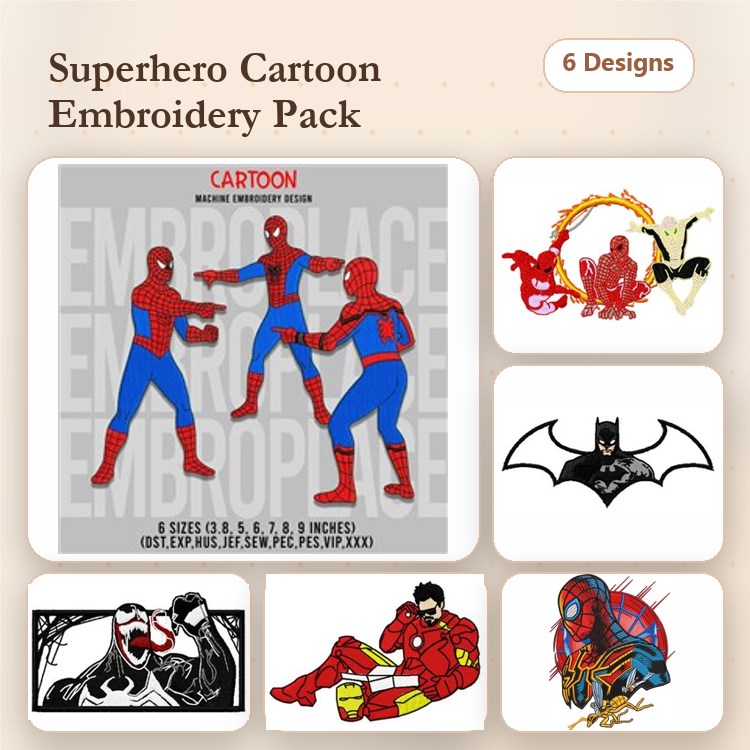 Superhero Characters Embroidery Designs Bundle – Spider-Man Action Pose, Batman Symbol, Iron Man Portrait & More (6 Designs)