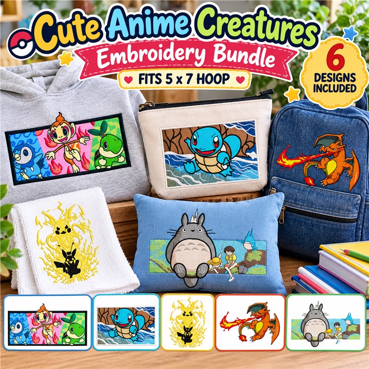 Cute Anime Creatures Embroidery Bundle – Piplup, Turtwig, Squirtle, Charizard & More (6 Designs)