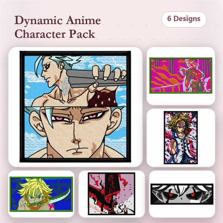Anime Characters Embroidery Bundle – Character with Sword, Blue Hair, Abstract Background & More (6 Designs)