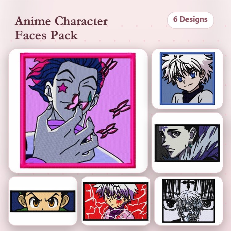 Anime Character Faces Embroidery Designs Bundle – Pink Hair, White Hair, Dark Hair & More (6 Designs)
