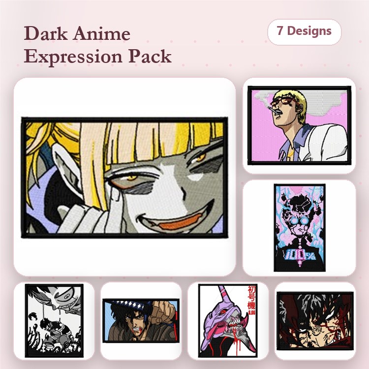 Dark Anime Expressions Embroidery Designs Bundle – Anime Character with Yellow Hair, Dark Anime Face with Grin, Anime Skull Design & More (7 Designs)