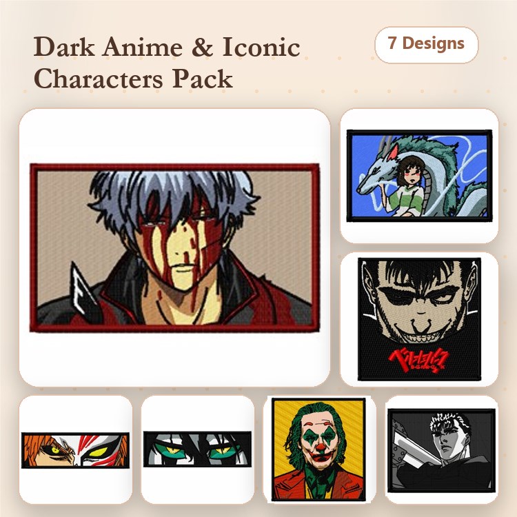 Dark Anime Characters Embroidery Bundle – Iconic Villain, Wolf Character, Hero & More (7 Designs)