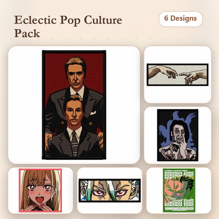 Eclectic Pop Culture Embroidery Designs Bundle – The Godfather, Anime Girl, Character Portrait & More (6 Designs)