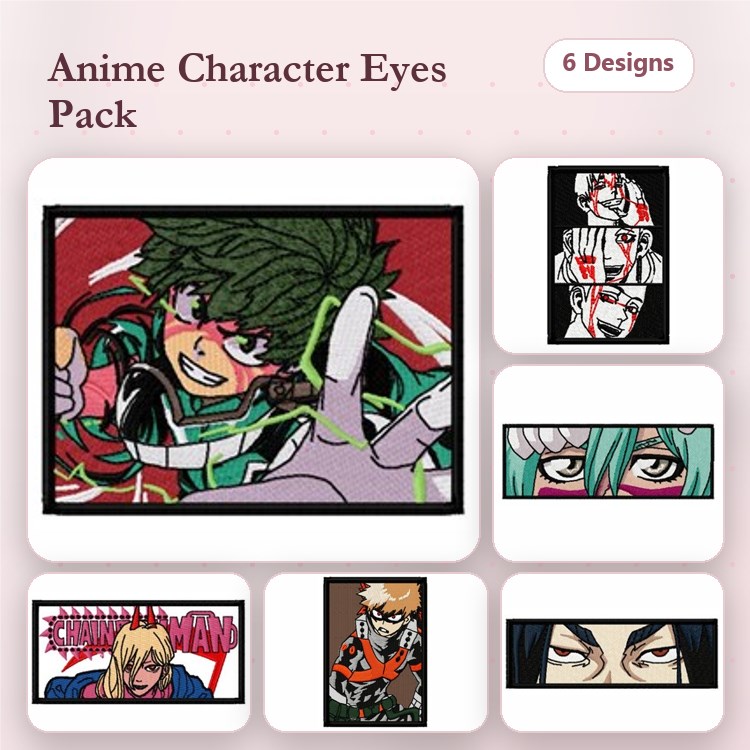 Anime Character Eyes Embroidery Designs Bundle – Deku Eye, Villain Eye, Hero Eye & More (6 Designs)