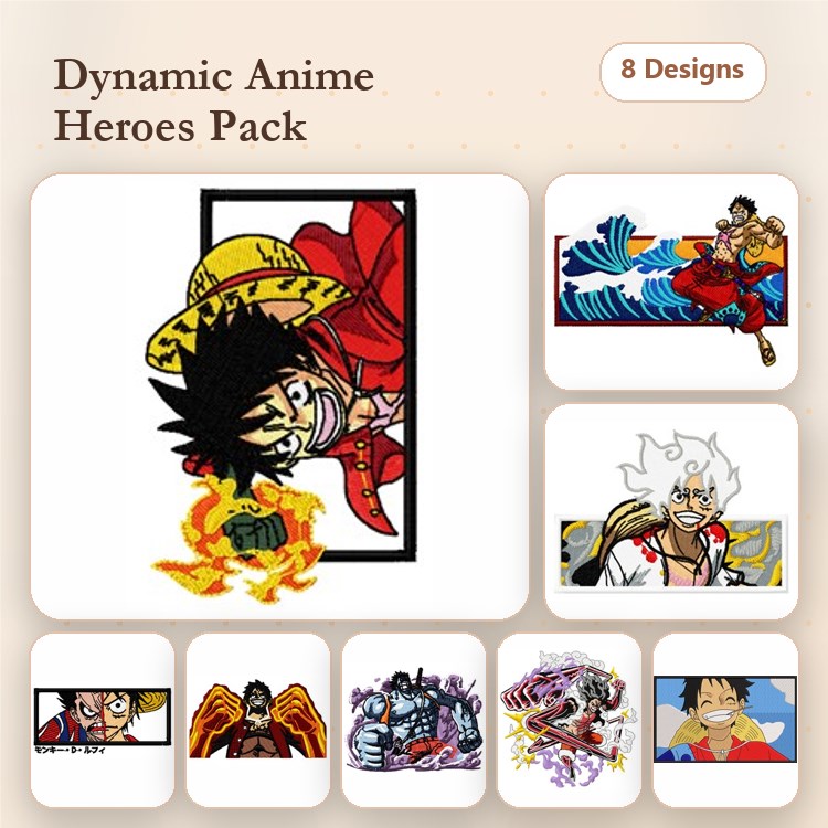 Dynamic Anime Heroes Embroidery Bundle – Hero in Action Pose, Hero with Sword, Group of Heroes & More (8 Designs)