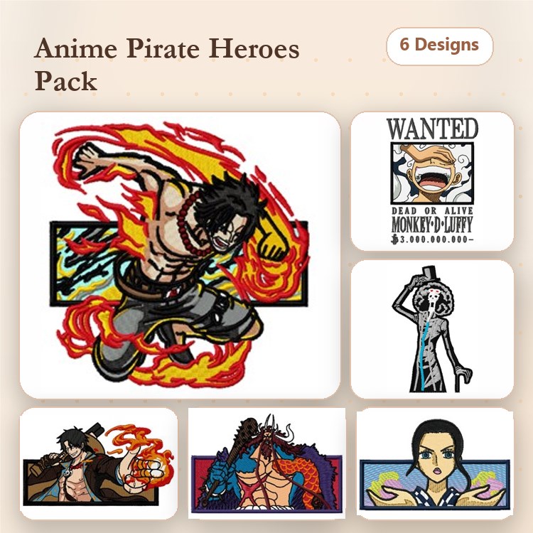 Anime Pirate Heroes Embroidery Designs Bundle – Fire-Emblazed Pirate, Wanted Poster - Monkey D. Luffy, Samurai Pirate & More (6 Designs)
