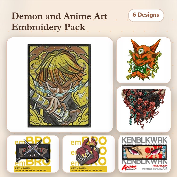 Demon and Anime Art Embroidery Designs Bundle – Anime Character with Sword, Demon Face, Monster Illustration & More (6 Designs)