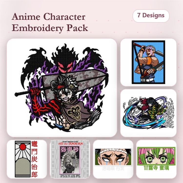Anime Characters Embroidery Designs Bundle – Samurai Character, Demon Fighter, Action Pose Character & More (7 Designs)