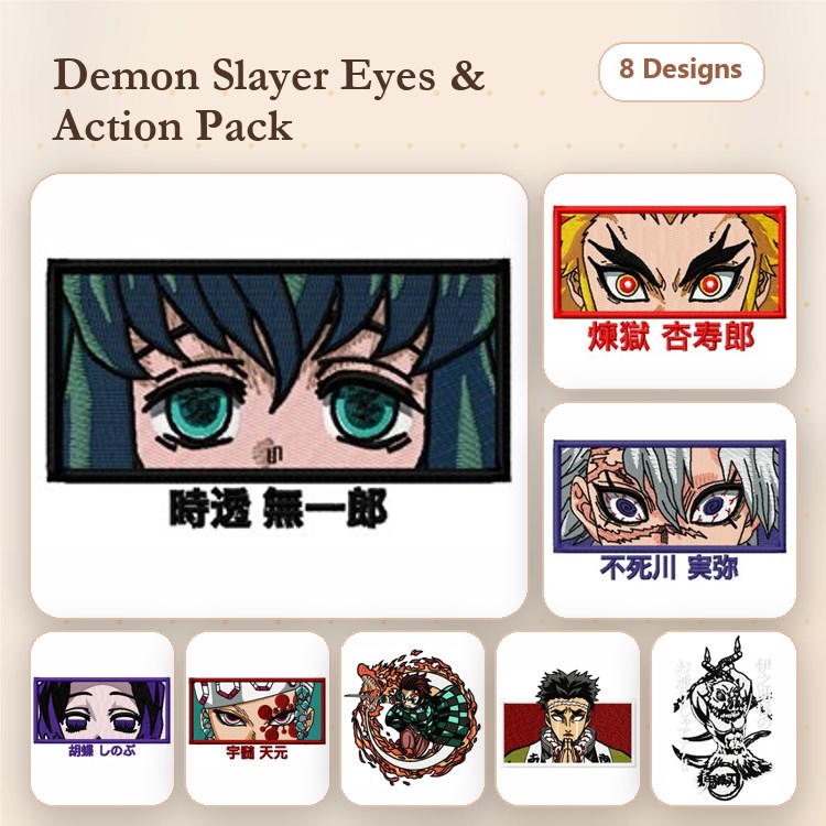 Demon Slayer Characters Embroidery Designs Bundle – Tanjiro, Nezuko, Zenitsu, Inosuke & More (8 Designs)