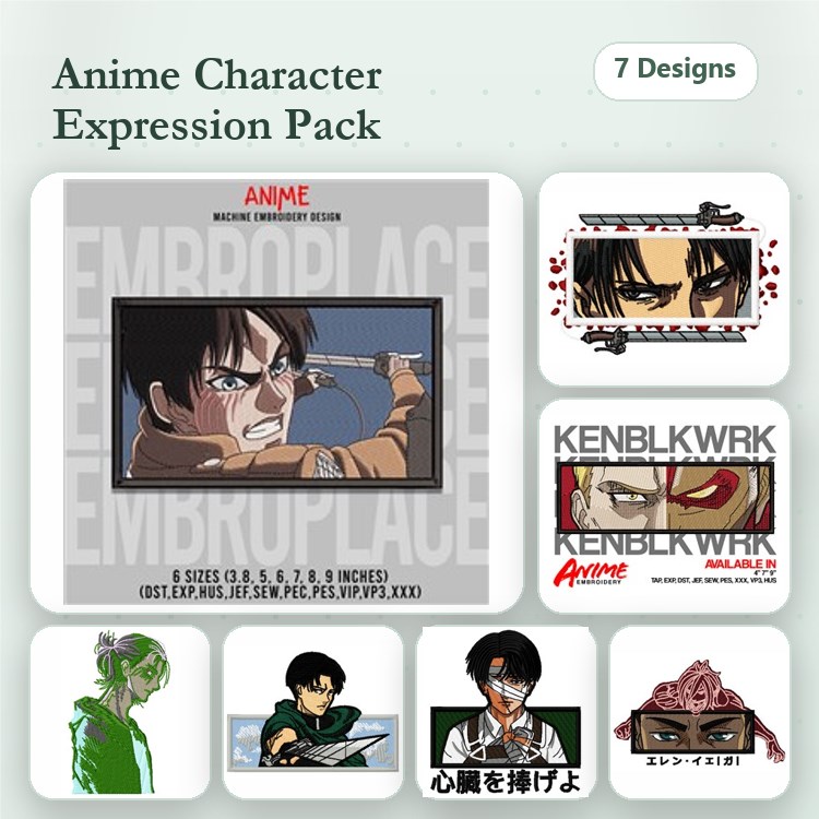 Anime Character Expressions Embroidery Designs Bundle – Anime Character with Sword, Angry Anime Character, & More (7 Designs)