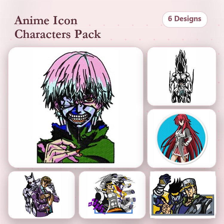 Anime Characters Embroidery Designs Bundle – Pink Haired Girl, Red Haired Warrior, Villain & More (6 Designs)