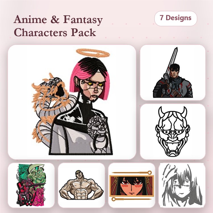 Anime and Fantasy Characters Embroidery Designs Bundle – Warrior with Sword, Female Anime Character, Dragon Head & More (7 Designs)