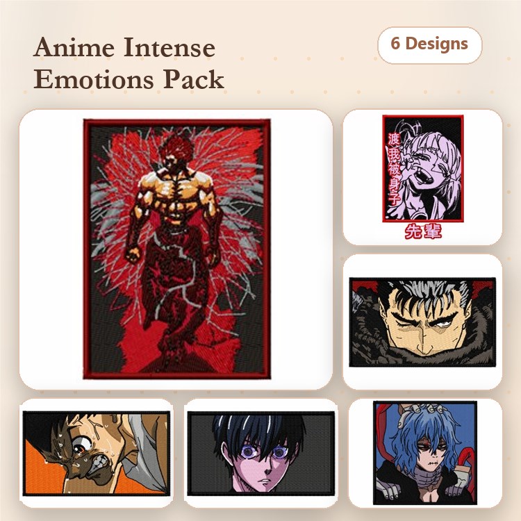 Anime Characters Embroidery Designs Bundle – Warrior, Angry Character, Sad Character & More (6 Designs)