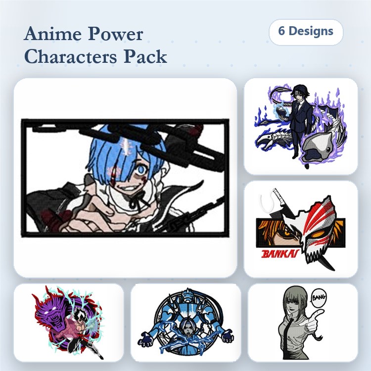 Anime Characters Embroidery Designs Bundle – Sword Wielder, Blue Haired Hero, Masked Avenger & More (6 Designs)