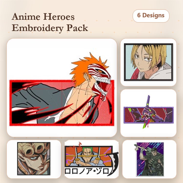 Anime Heroes Embroidery Bundle – Ichigo, Naruto, Saitama & More (6 Designs)