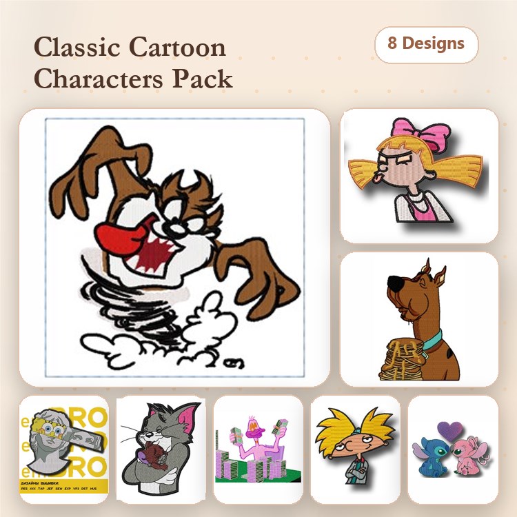 Cartoon Character Embroidery Bundle – Iconic Designs (8 Designs)