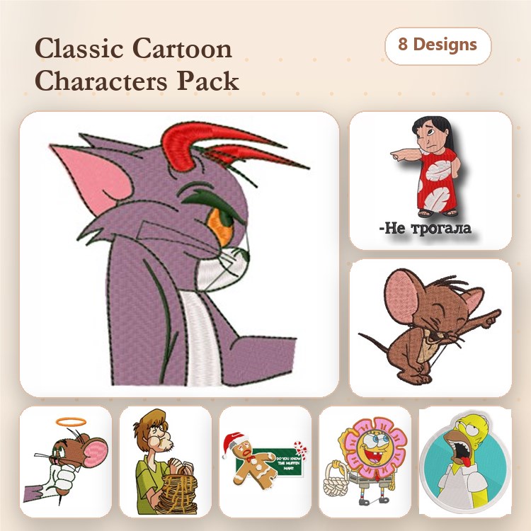 Classic Cartoon Characters Embroidery Bundle – Tom Cat, Jerry Mouse, Santa Claus & More (8 Designs)