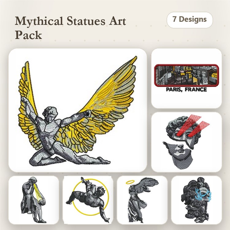 Mythical Statues Embroidery Designs Bundle – Winged Victory, David, Venus de Milo & More (7 Designs)