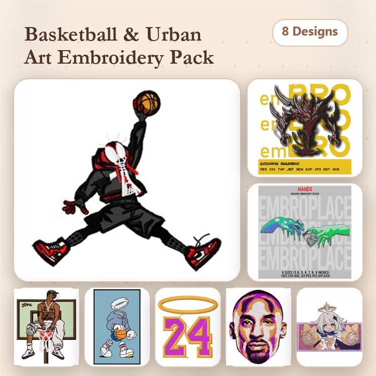 Basketball and Urban Art Embroidery Designs Bundle – Dunking Player, Graffiti Art, Kobe Bryant & More (8 Designs)