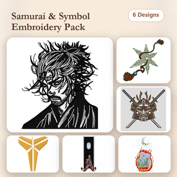 Samurai & Japanese Symbols Embroidery Designs Bundle – Samurai Portrait, Shuriken, Samurai Mask & More (6 Designs)