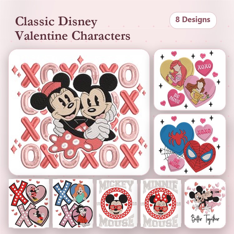 Classic Disney Valentine Characters Embroidery Designs Bundle – Mickey & Minnie Heart Designs, XOXO & More (8 Designs)