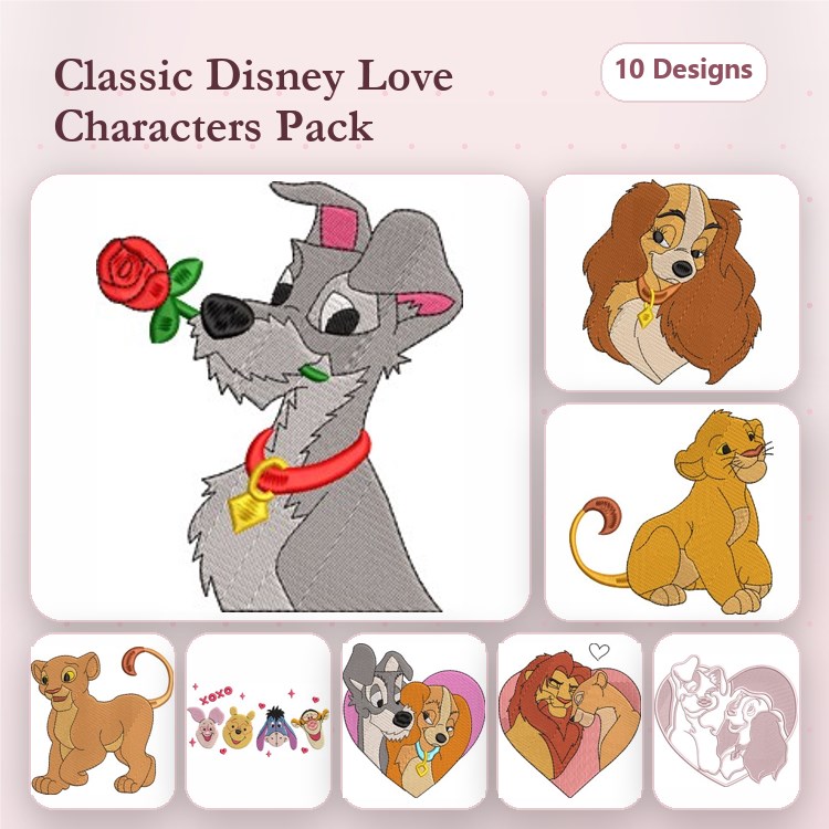 Lady and the Tramp & Lion King Embroidery Bundle – Beloved Characters (10 Designs)