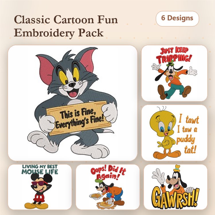 Classic Cartoon Characters Embroidery Designs Bundle – Tom Cat with Sign, Tweety Bird with Quote, Mickey Mouse Phrase & More (6 Designs)