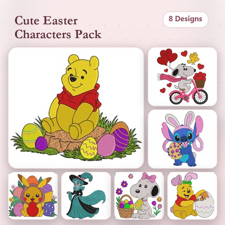 Easter Characters Embroidery Designs Bundle – Winnie the Pooh, Pikachu, Bunny & More (8 Designs)
