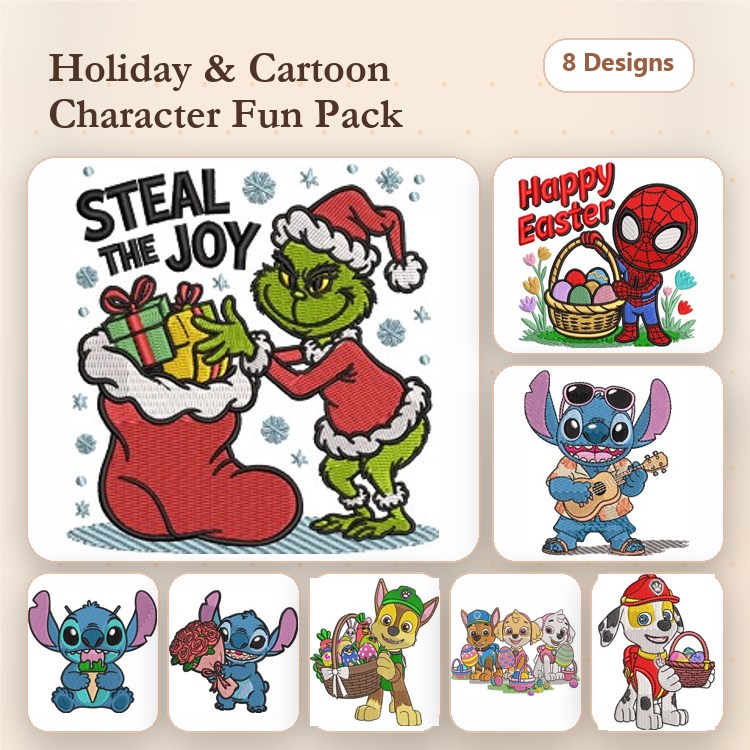 Holiday Characters Embroidery Designs Bundle – Grinch, Spider-Man, Stitch, Elf & More (8 Designs)