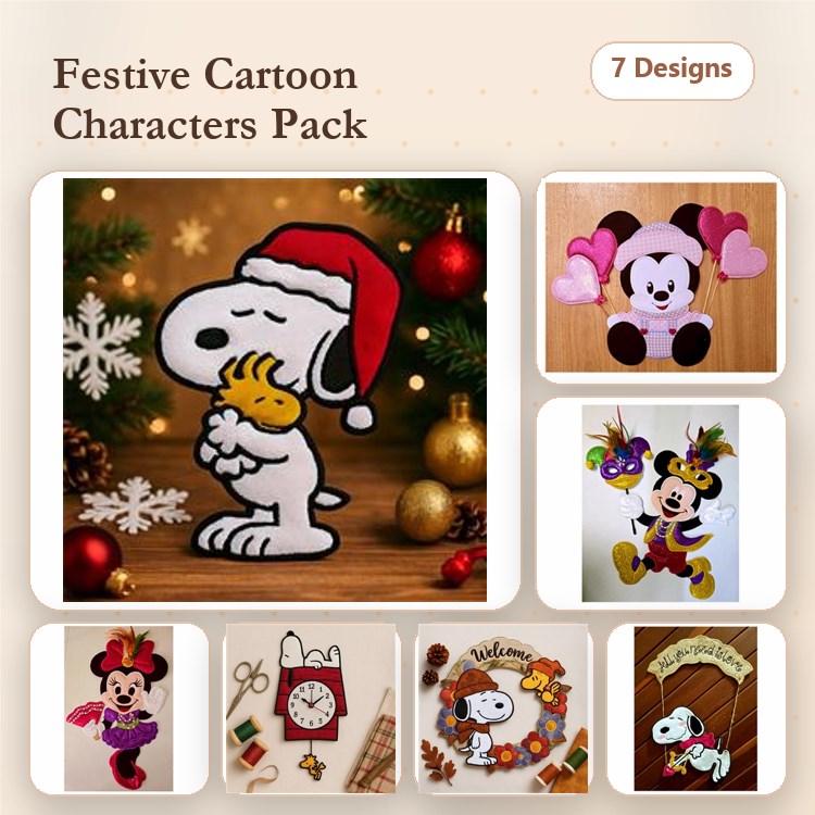 ITH Festive Cartoon Characters Embroidery Designs Bundle – Snoopy, Minnie Mouse, Mickey Mouse & More (7 Designs)