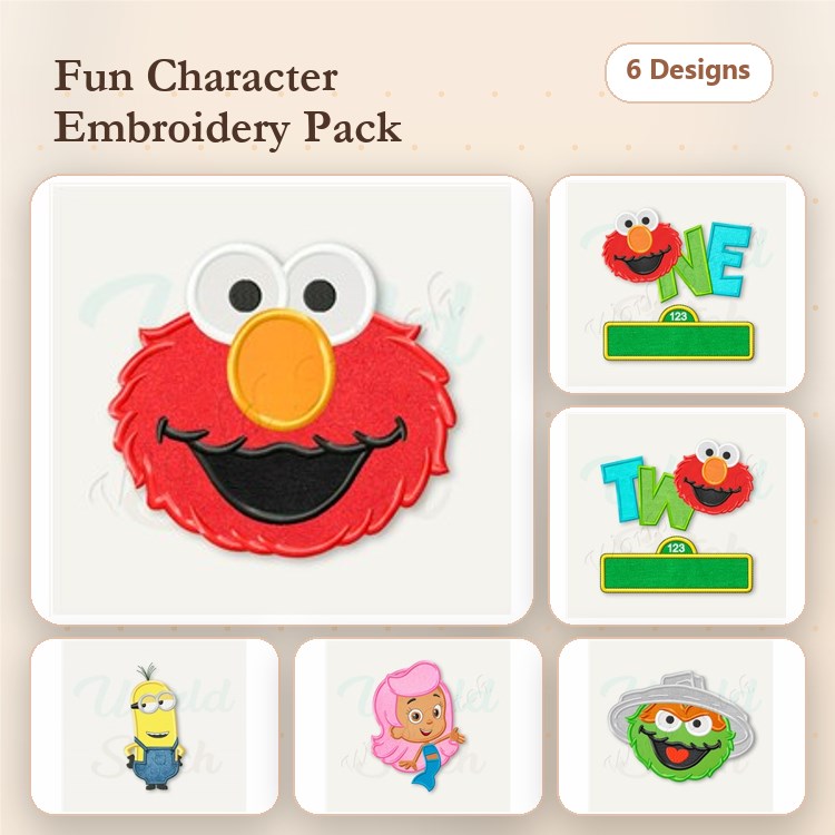 Applique Character Fun Embroidery Designs Bundle – Elmo Face, Minion, Mermaid & More (6 Designs)