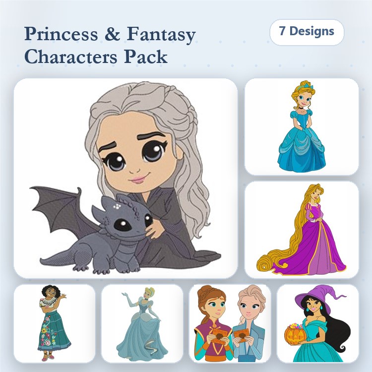 Princess & Fantasy Characters Embroidery Designs Bundle – Grey Haired Princess, Cinderella, Sleeping Beauty & More (7 Designs)