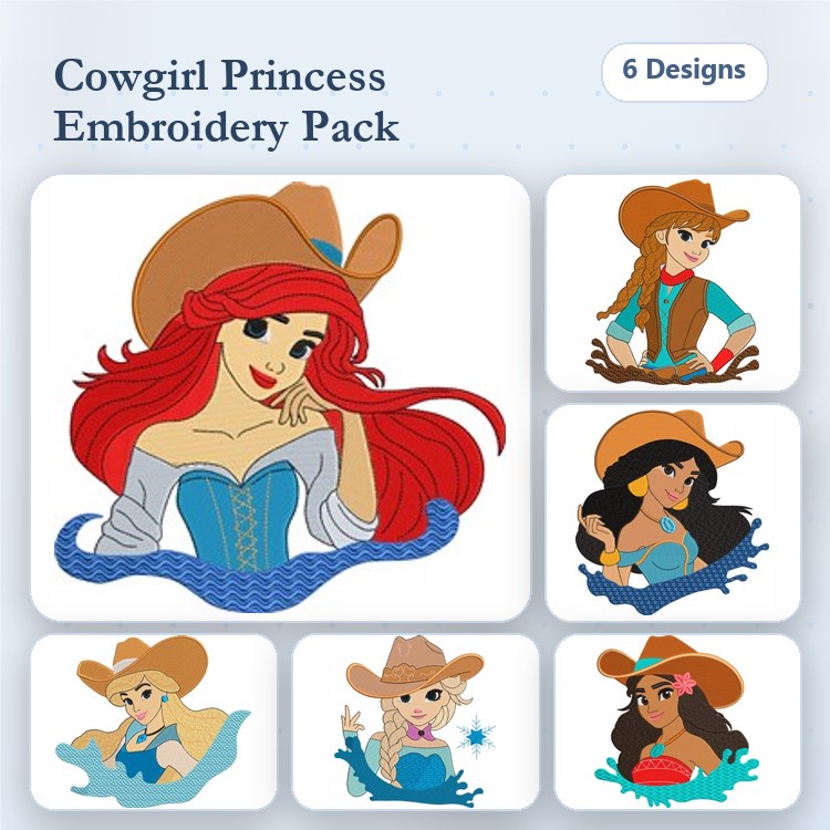 Cowgirl Princess Embroidery Designs Bundle – Cowgirl Ariel, Cowgirl Belle, Cowgirl Cinderella & More (6 Designs)
