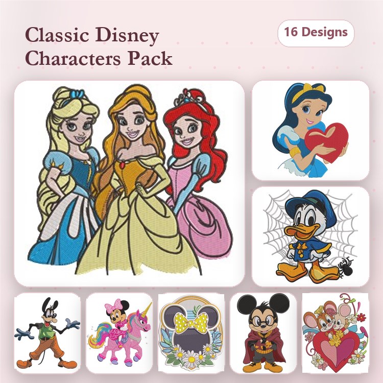 Classic Disney Characters Embroidery Designs Bundle – Cinderella, Belle, Ariel, Mickey Mouse & More (16 Designs)