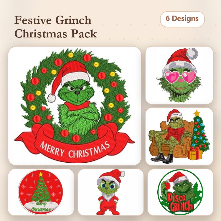 Grinch Christmas Embroidery Designs Bundle – Grinch with Wreath, Santa Sitting, Disco Grinch & More (6 Designs)