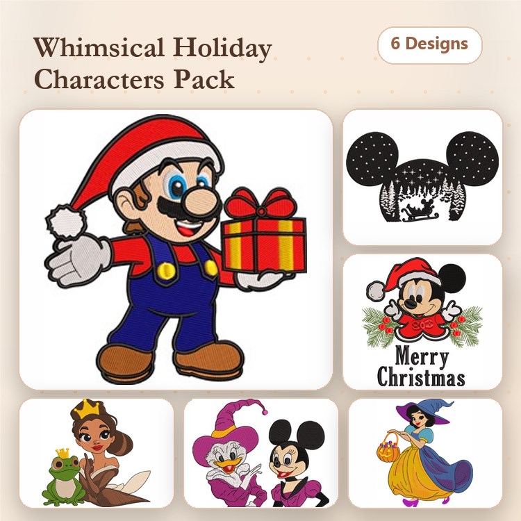 Holiday Characters Embroidery Bundle – Santa Mario, Mickey Mouse, Princess Tiana & More (6 Designs)