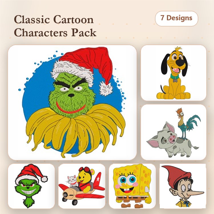 Grinch, SpongeBob & Porky Pig Embroidery Bundle – Fun Characters (7 Designs)