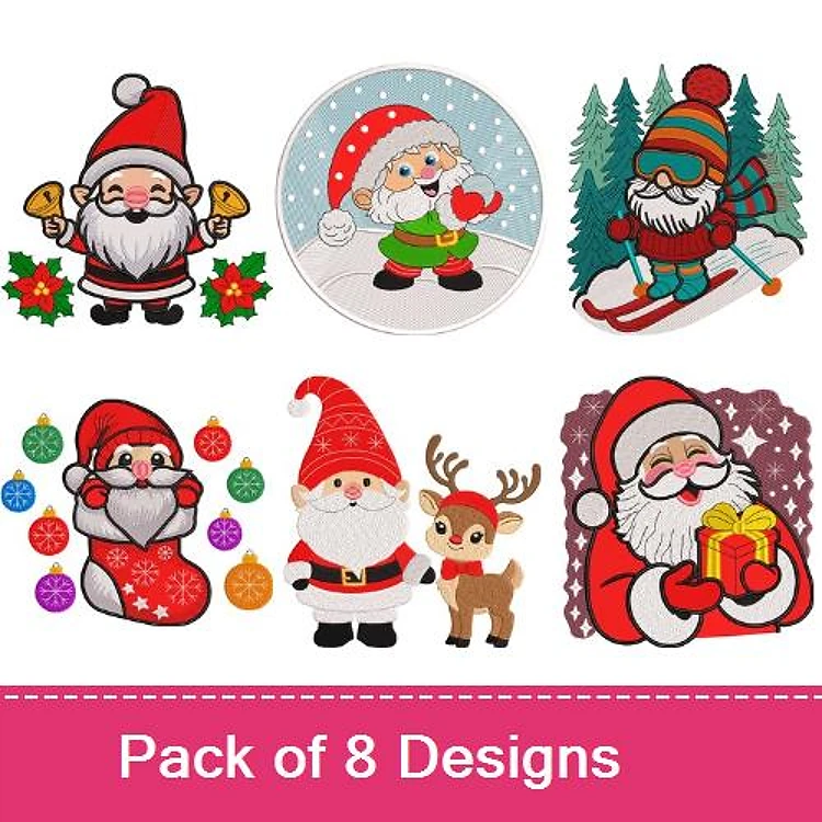 Santa Claus Embroidery Bundle – Santa with Gifts, Santa Decorating Tree, Santa with Reindeer & More (8 Designs)