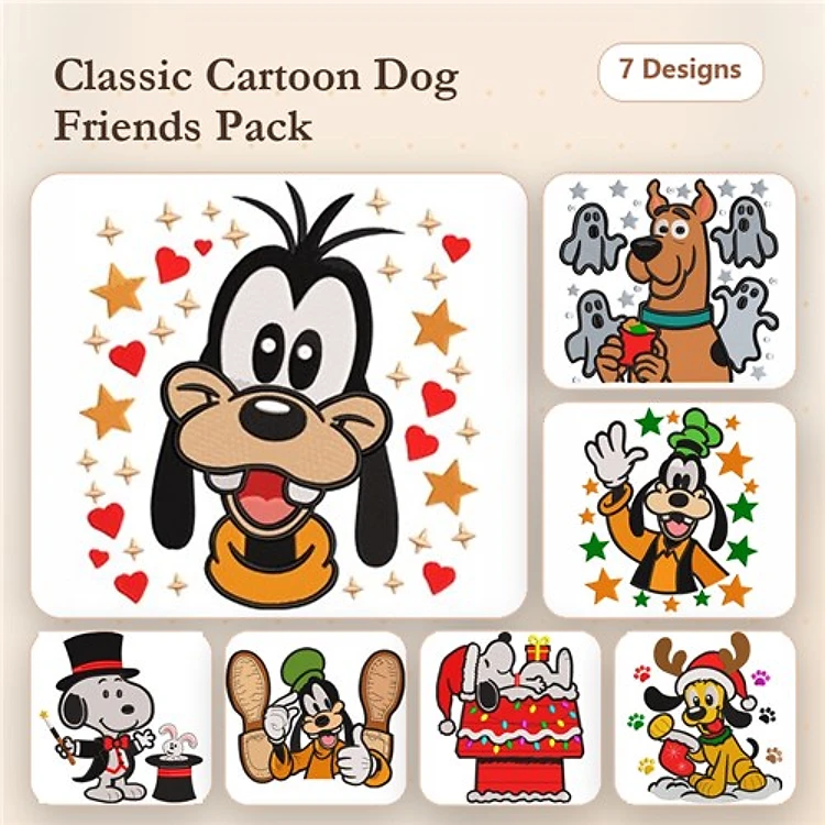 Cartoon Dogs Embroidery Designs Bundle – Snoopy, Goofy, Pluto, Scooby-Doo & More (7 Designs)
