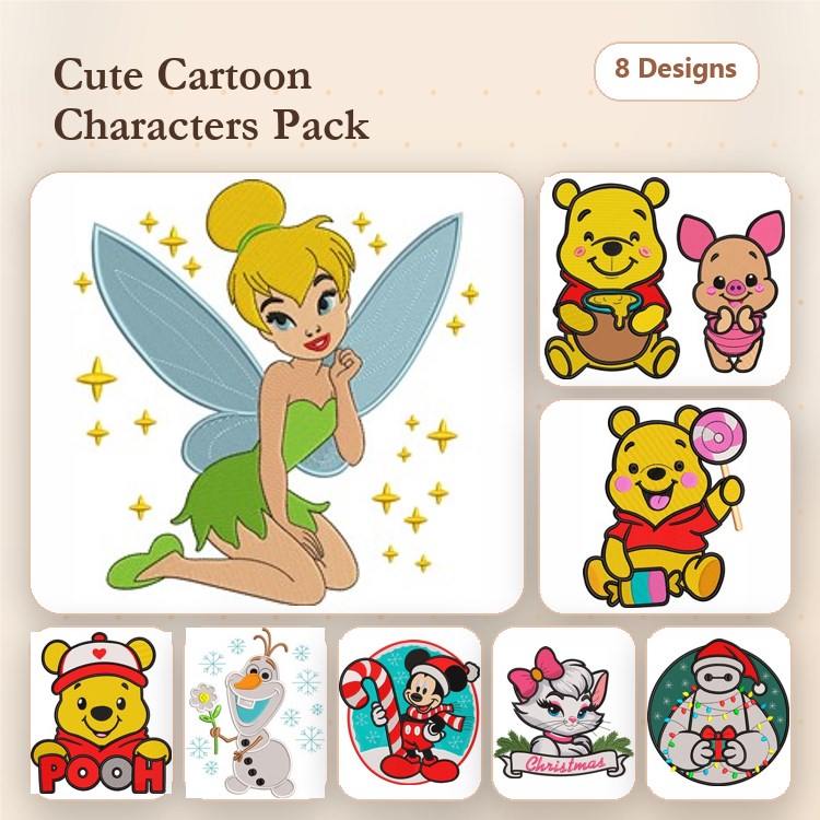 Cute Cartoon Characters Embroidery Designs Bundle – Tinkerbell, Winnie the Pooh, Piglet & More (8 Designs)