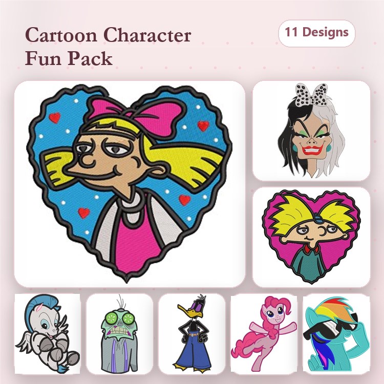 Cartoon Characters Embroidery Designs Bundle – Girl with Bow, Witch Character, Pony Character & More (11 Designs)