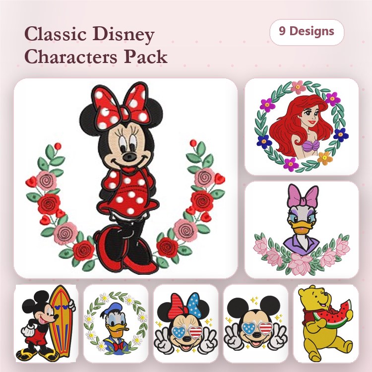 Classic Disney Characters Embroidery Bundle – Minnie Mouse with Roses, Ariel with Flowers, Mickey Mouse Surfing & More (9 Designs)