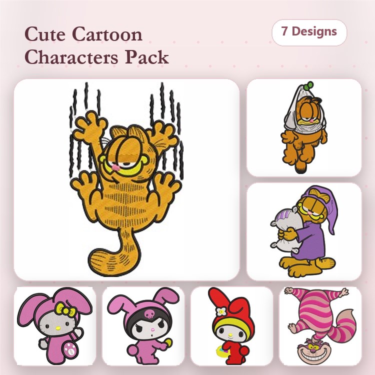 Cute Cartoon Characters Embroidery Designs Bundle – Garfield, Hello Kitty, Cinnamoroll & More (7 Designs)