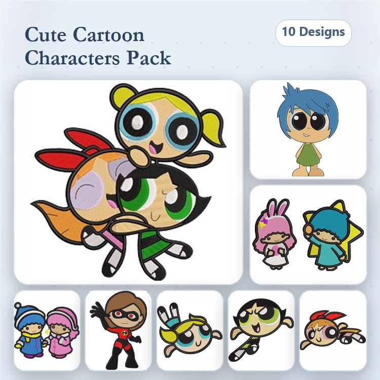 Cartoon Characters Embroidery Designs Bundle – Superhero Girl, Bunny Character, Girl with Stickers & More (10 Designs)